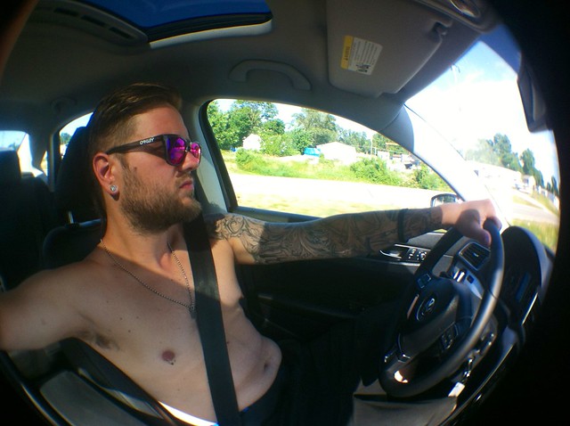 Driving with my shirt off. Playing with an iPhone fisheye.