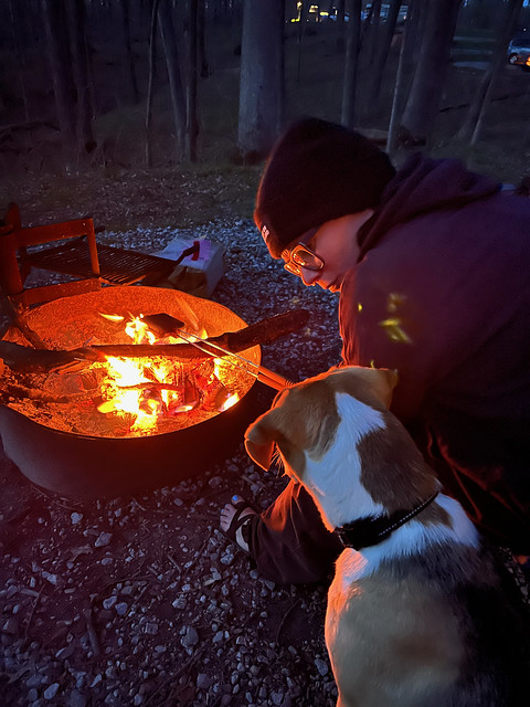 Teaching Durby the art of the camp fire toasted PB&J