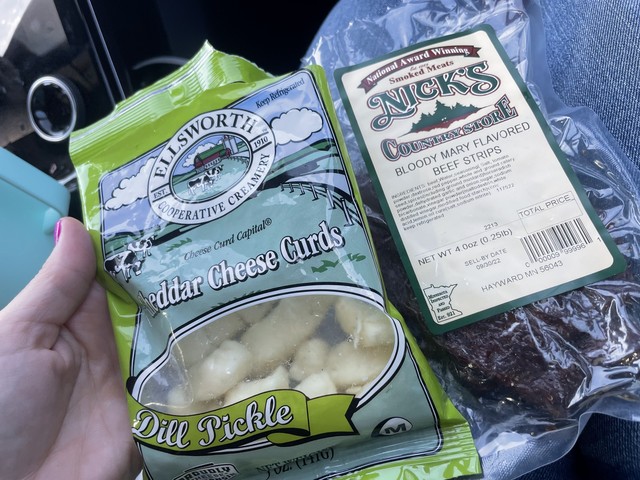 Kari found bloody mary flavored beef jerky and dill pickle curds for our road trip snackin. It was a great combo.